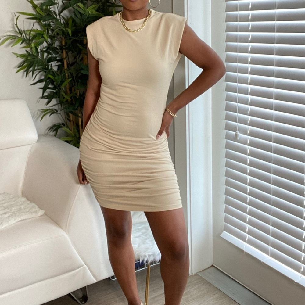 Nude Shoulder Pad Rouched Bodycon Dress